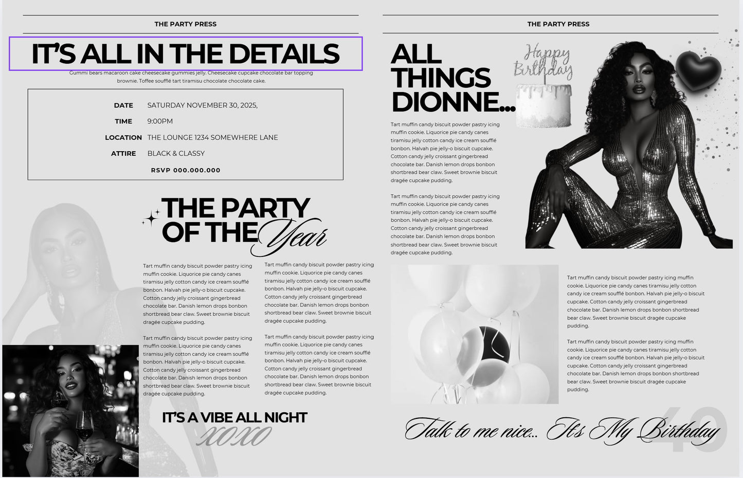 Editable Birthday Newspaper Template Invitation – Personalized Black & White Design for Adults – Canva Template